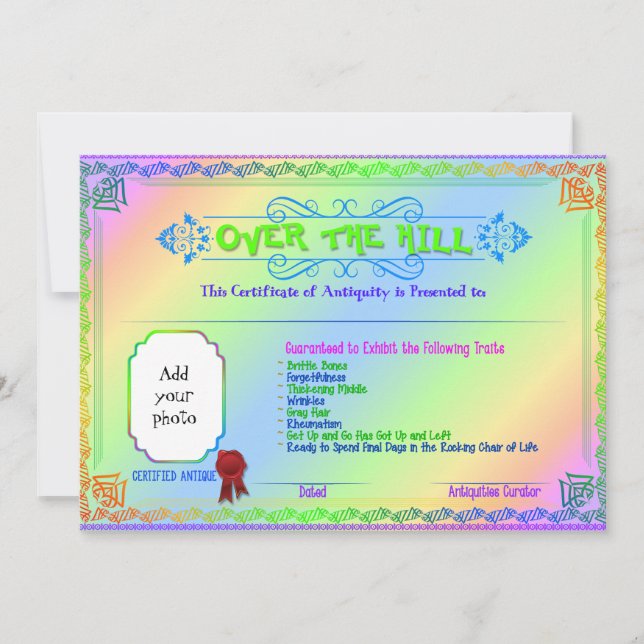 Over the Hill add a photo Birthday Certificate Card (Front)
