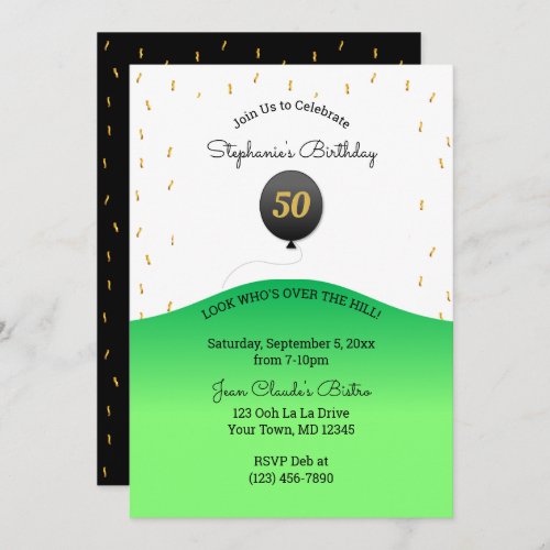 Over the Hill Black Balloon  Confetti Birthday Invitation