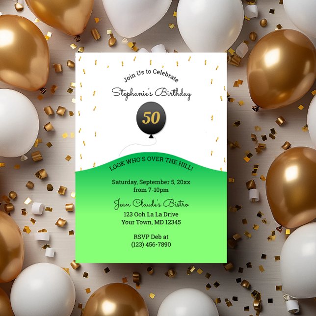Over the Hill Black Balloon & Confetti Birthday Invitation (Creator Uploaded)