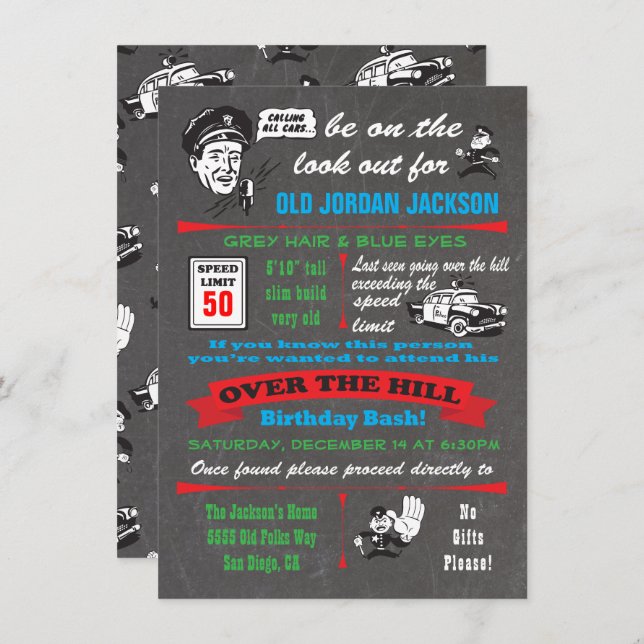 Over the Hill Police Cop Birthday Invitation (Front/Back)