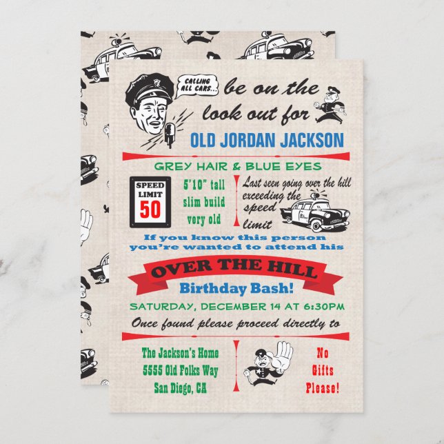 Over the Hill Police Cop Birthday Invitation (Front/Back)