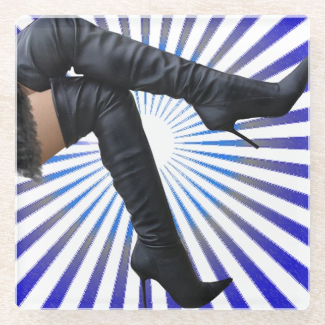 Over the Knee Thigh High Boots - Blue Starburst Glass Coaster (Front)