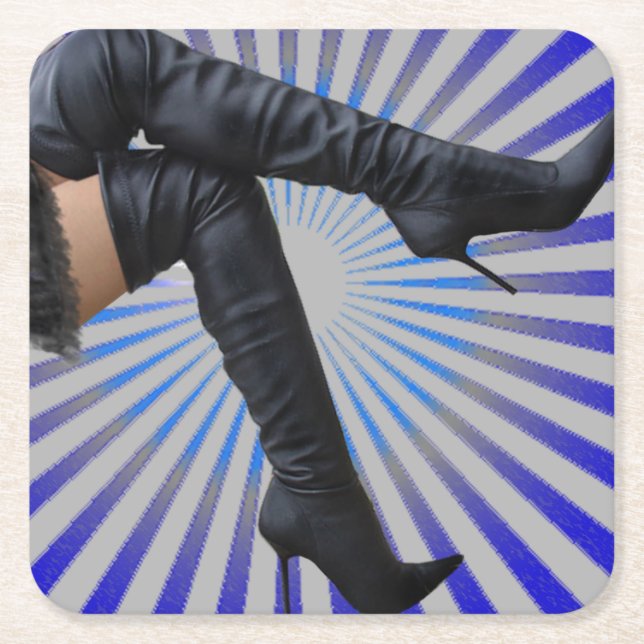 Over the Knee Thigh High Boots - Blue Starburst Square Paper Coaster (Front)