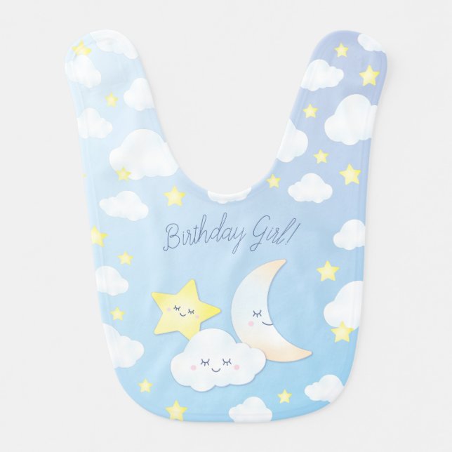Over the Moon and Stars Birthday Party Baby Bib (Front)