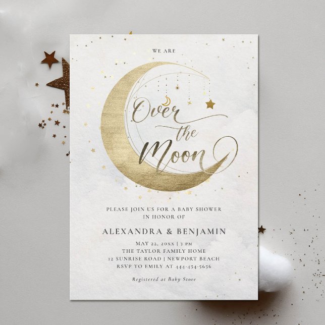 Over the Moon Arch Gold White Sky Baby Shower Invitation (over the moon baby shower invitation white sky gold stars mobile celestial astrology twinkle)
