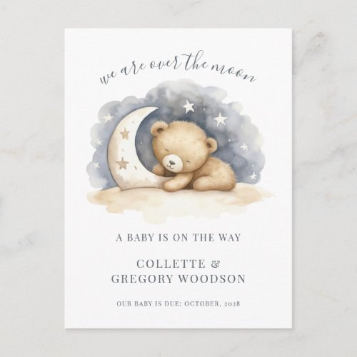 Over The Moon Baby Bear Moon Stars Pregnancy  Announcement Postcard