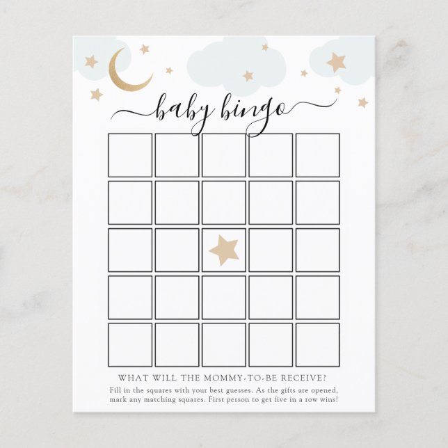 Over the Moon Baby Bingo Game Card (Front)