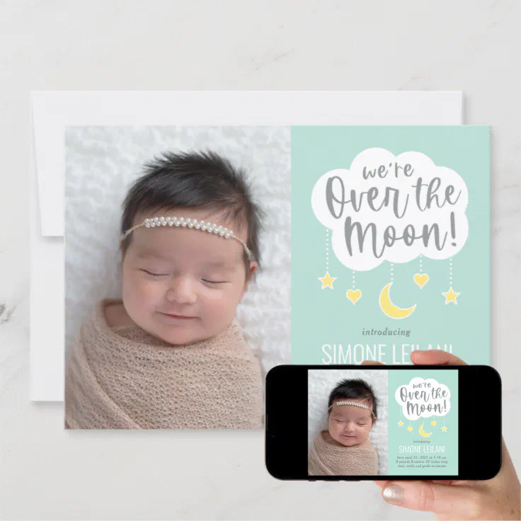 Over The Moon Baby Birth Announcement