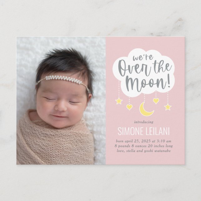 Over The Moon Baby Birth Announcement Postcard (Front)