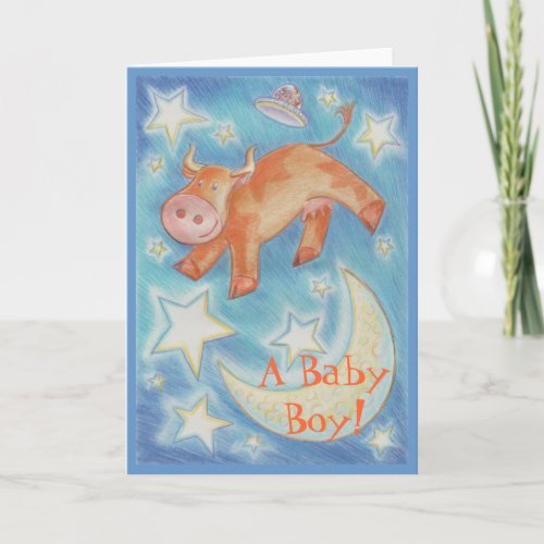 Over the Moon Baby Boy greetings card