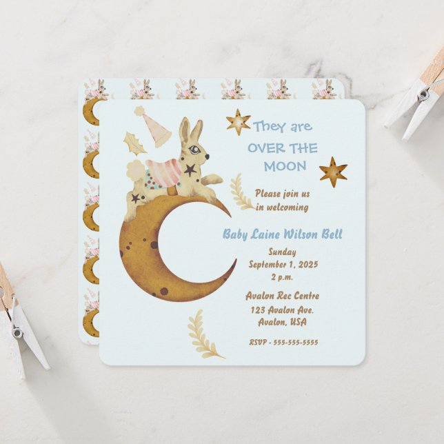 Over the Moon Baby Boy Shower  Invitation (Front/Back In Situ)