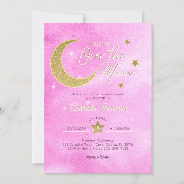 Over the Moon Baby Girl Shower Invitation (Front)