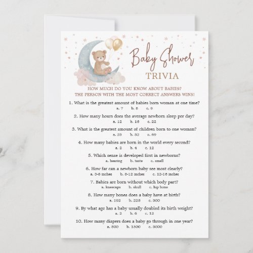 Over the Moon Baby Shower Baby Trivia Game Card