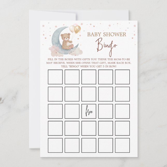 Over the Moon Baby Shower Bingo Game Card (Front)