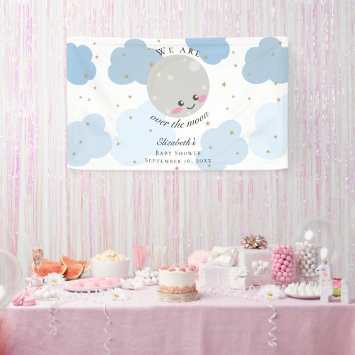 Over the Moon Baby Shower Blue Cute Backdrop Banner