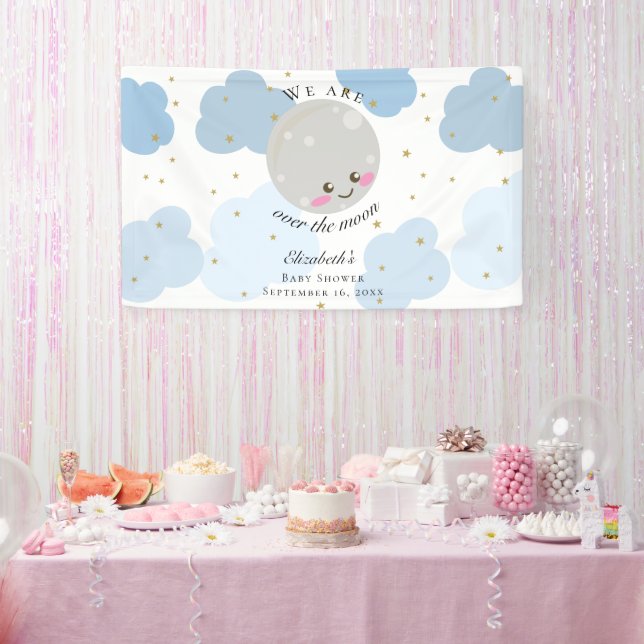 Over the Moon Baby Shower Blue Cute Backdrop Banner (Party)