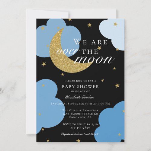 Over the Moon Baby Shower Blue Cute Gold Glitter I Invitation