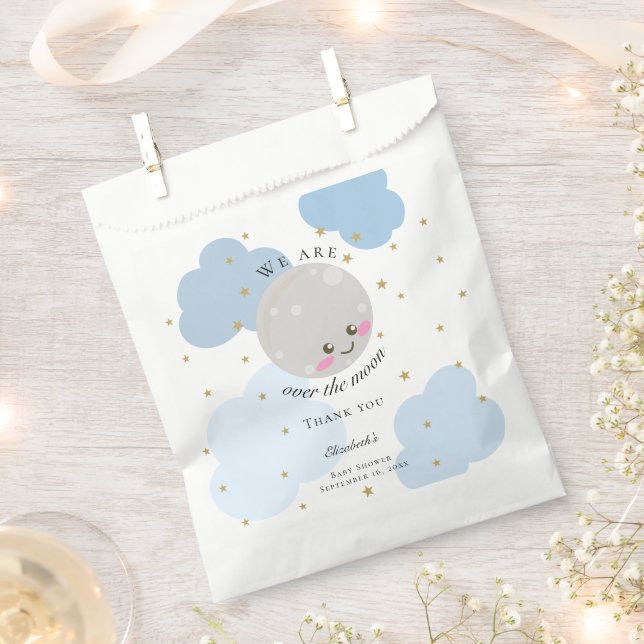 Over the Moon Baby Shower Blue Cute Gold Kawaii Favor Bag (Clipped)