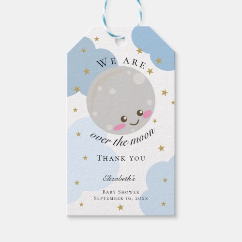 Over the Moon Baby Shower Blue Cute Gold Kawaii Gift Tags