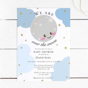 Over the Moon Baby Shower Blue Cute Gold Kawaii In Invitation