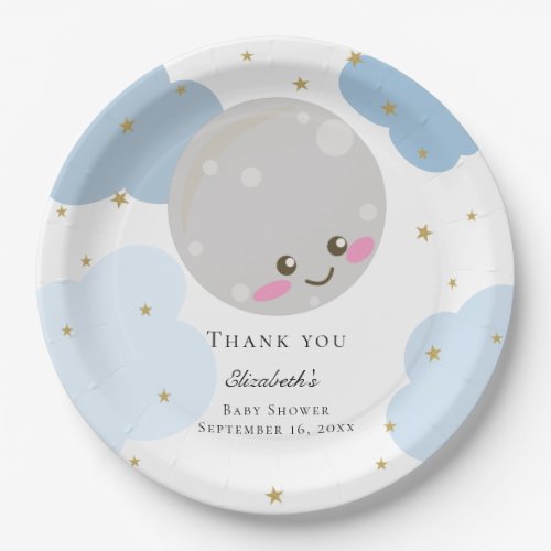 Over the Moon Baby Shower Blue Cute Gold Kawaii  Paper Plates