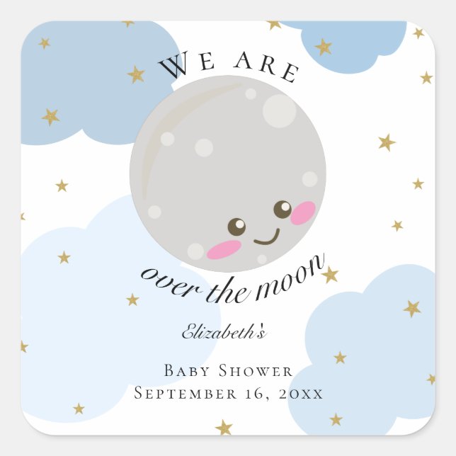Over the Moon Baby Shower Blue Cute Gold Kawaii  Square Sticker (Front)