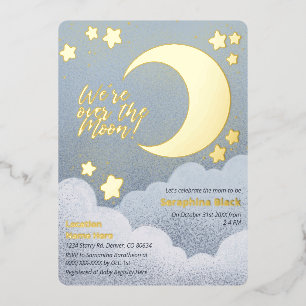 Over The Moon Baby Shower Blue Sky Moon And Stars Foil Invitation