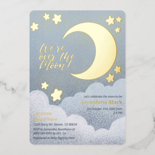 Over The Moon Baby Shower Blue Sky Moon And Stars Foil Invitation