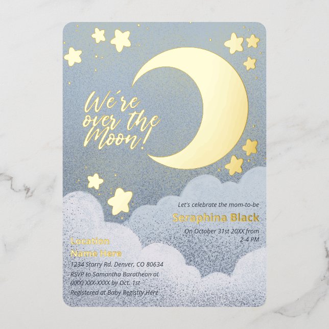 Over The Moon Baby Shower Blue Sky Moon And Stars Foil Invitation (Front)