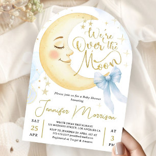 Over the Moon Baby Shower Boy Blue Bow Arch Invitation