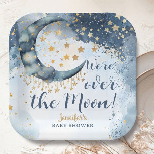Over The Moon Baby Shower Boy Blue Paper Plate