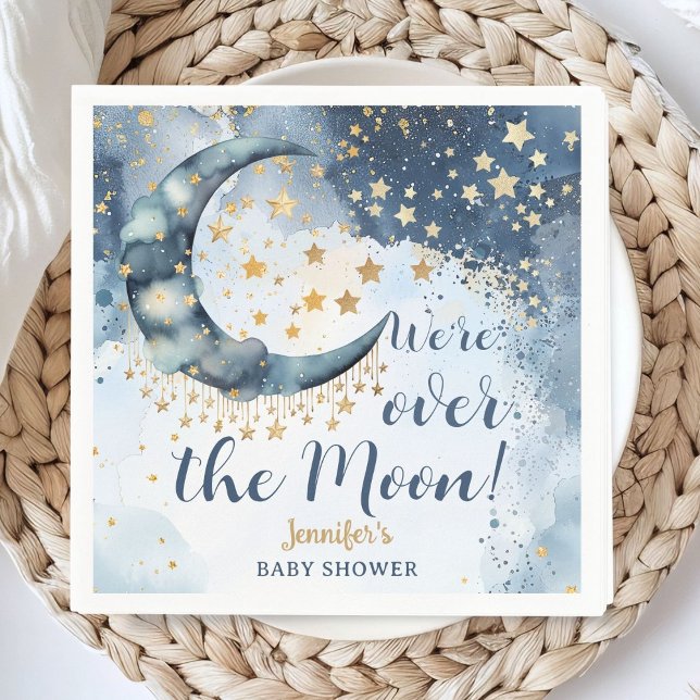 Over The Moon Baby Shower Boy Blue Twinkle Stars Napkins (Creator Uploaded)