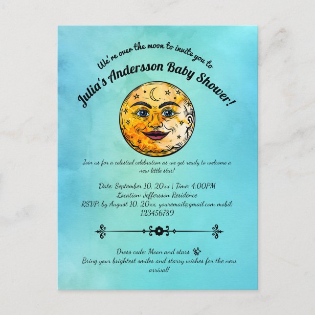 Over the Moon Baby Shower Celebration Invitation Postcard (Front)