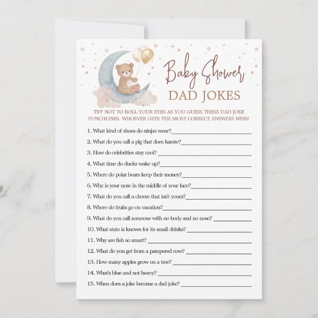 Over the Moon Baby Shower Dad Jokes Game Card (Front)