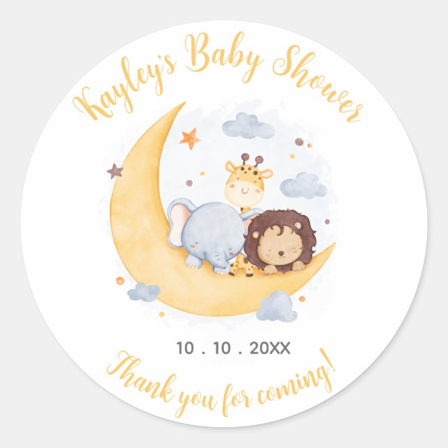 Over the Moon Baby Shower Favor Stickers Animal (Front)