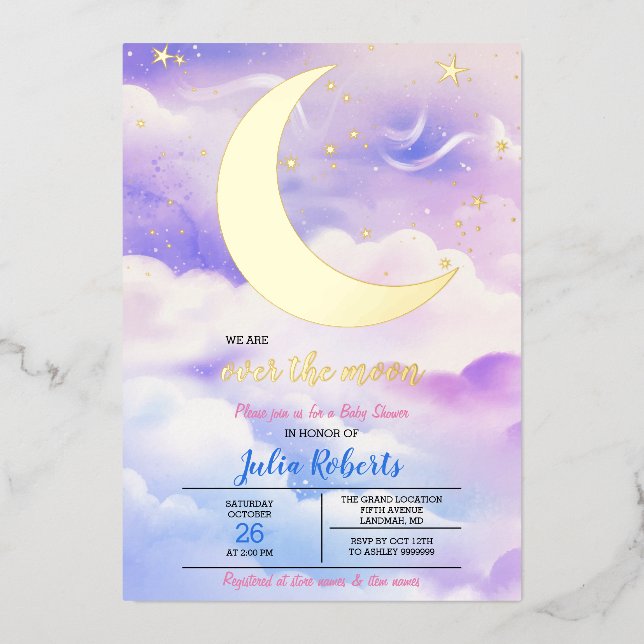 Over The Moon Baby Shower Foil Invitation (Front)