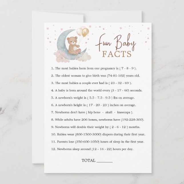 Over the Moon Baby Shower Fun Baby Facts Game Card (Front)