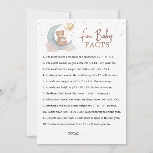 Over the Moon Baby Shower Fun Baby Facts Game Card