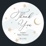 Over the Moon Baby Shower Gift Classic Round Stick Classic Round Sticker<br><div class="desc">Over the Moon themed favor tag featuring watercolor blue clouds,  gold stars and a moon.  Perfect for a baby shower. Matches the Over the Gold Moon Collection found on Adore Paper Co. shop on Zazzle. Customize with name,  event date or custom text.</div>