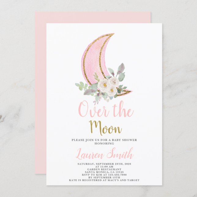 Over the Moon Baby Shower Girl Invitation (Front/Back)
