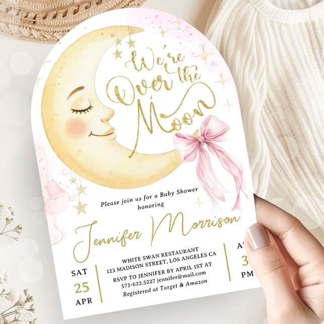 Over the Moon Baby Shower Girl Pink Bow Cute Arch Invitation (Creator Uploaded)