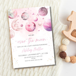Over The Moon Baby Shower Girl Pink Galaxy Party Invitation