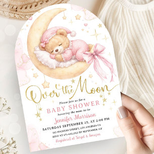 Over The Moon Baby Shower Girl Pink Teddy Arch Invitation