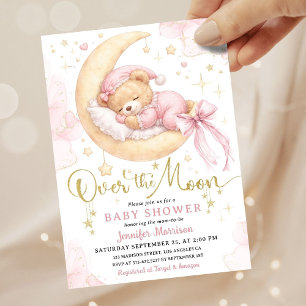 Over The Moon Baby Shower Girl Pink Teddy Bear Invitation