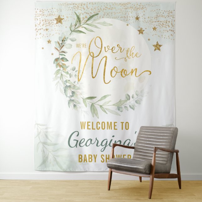 Over the Moon Baby Shower Greenery Gold Welcome Tapestry (In Situ)