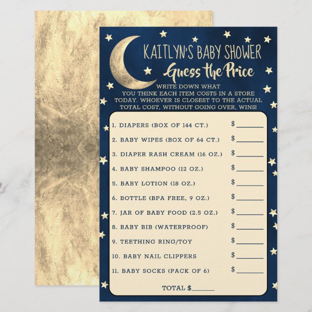 Over The Moon | Baby Shower Guess The Price Game (Front/Back)