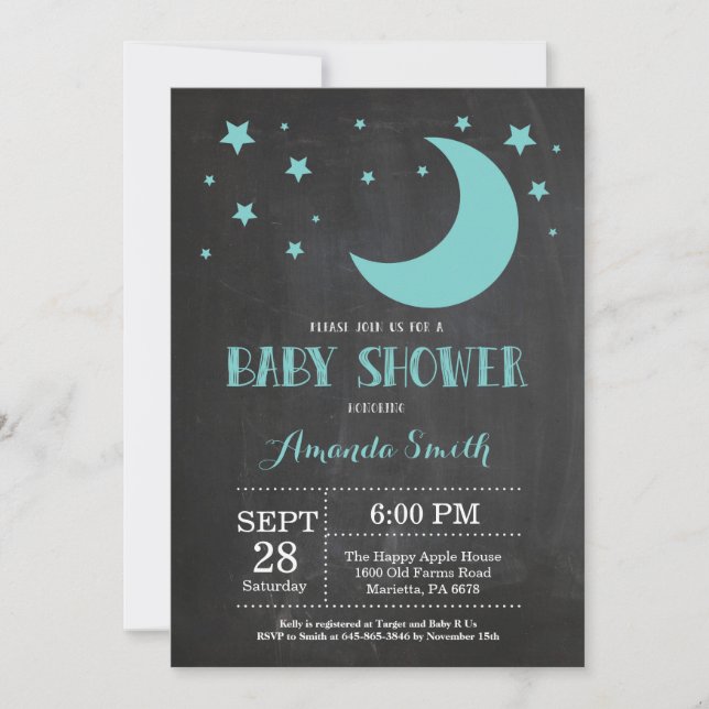 Over the Moon Baby Shower Invitation Aqua (Front)