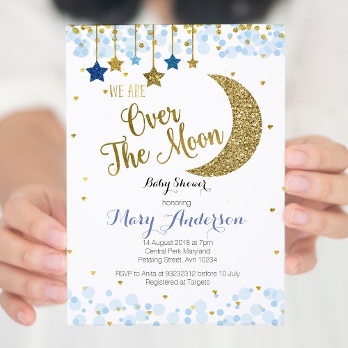 Over the Moon Baby Shower Invitation Blue