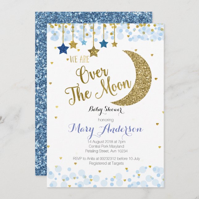 Over the Moon Baby Shower Invitation Blue (Front/Back)
