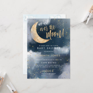 Over the Moon Baby Shower Invitation, Blue Cloud I Invitation
